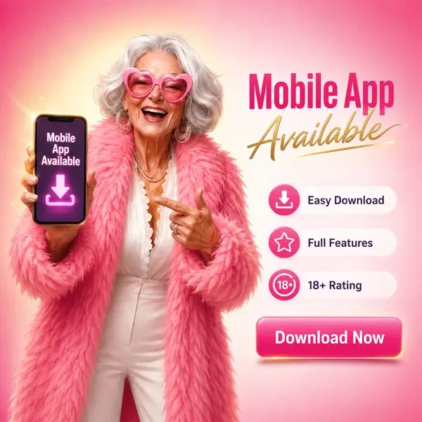 Oudere vrouw met roze zonnebril die de SpinGranny mobiele app downloadt met gloeiend scherm