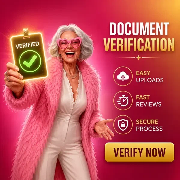 Oudere vrouw die trots een gloeiende ID toont voor verificatie bij Spingranny Casino