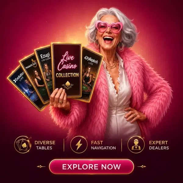 Vrolijk personage presenteert live dealer games bij Spingranny Casino met uitgewaaierde tegels