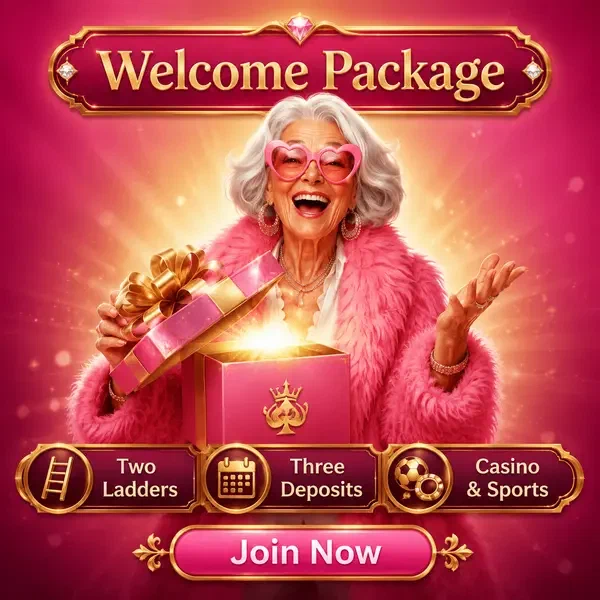 Oudere vrouw onthult welkomstpakketcadeau terwijl speler zich aanmeldt bij Spingranny Casino
