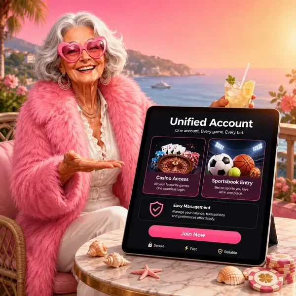 Vrolijke dame gebarend naar Spingranny uniform login-tablet op zonnig terras aan zee