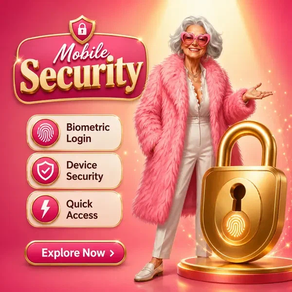Personage in flamingojas presenteert mobiele app-beveiliging bij levendig digitaal portaal