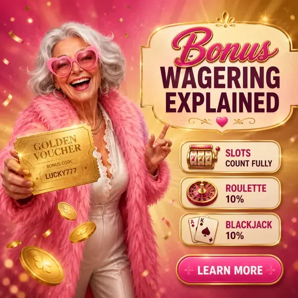 Oudere vrouw in roze jas presenteert bonus inzetvereisten op Spingranny Casino tuinfeest