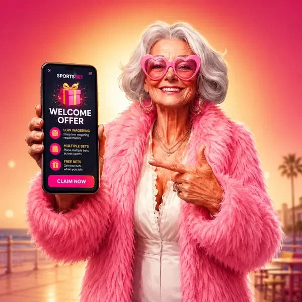 Oudere vrouw in roze jas ontdekt Spingranny Sportsbook sportwedden welkomstaanbod op smartphone