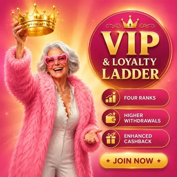 Elegante senior vrouw die gouden kroon presenteert bij Spingranny VIP-loyaliteitsladderprogramma