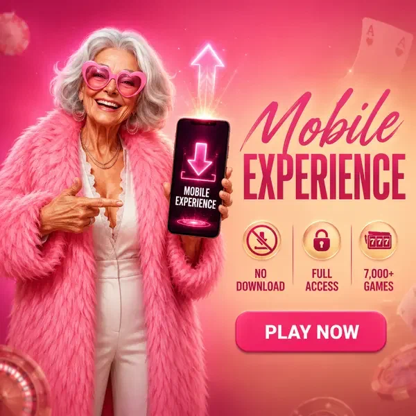 Oudere vrouw die geniet van Spingranny mobiele app-ervaring met gloeiende downloadpijl